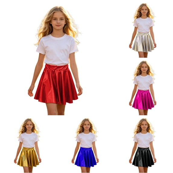 WAYUTE Girls Satin Skater Skirt Elastic Waist Shiny Pleated Mini Skirt for Kids Back to School Performance Casual Outdoor,Red,XS