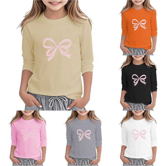 WAYUTE Girls Shirts 3/4 Sleeve Bow Graphic Print Blouse Top Comfortable Casual Round Neck Tee for Kids Tween Loose Daily Wear,Khaki,Size 4 Y-5 Y