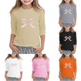 thumbnail image 1 of WAYUTE Girls Shirts 3/4 Sleeve Bow Graphic Tee Shirt Casual Round Neck Summer Top for Kids Tween Loose Fit Daily Wear,Khaki,Size 6 Y-7 Y, 1 of 4