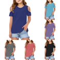 thumbnail image 1 of WAYUTE Girls Shirts Cold Shoulder Crewneck Solid Color Short Sleeve Summer Tops for Kids Youth Fashion Loose Fit Daily Wear Outdoor Casual Tshirt,Dark Blue, 1 of 5