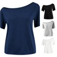thumbnail image 1 of WAYUTE Girls Shirts Elegant Off Shoulder Top Solid Color Short Sleeve Tee Shirt for Teen Youth Fashion Daily Wear Outdoor Casual,Navy, 1 of 5