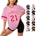 thumbnail image 1 of WAYUTE Girls Shirts Letter Printed V Neck Short Sleeve Breathable Soft Sporty Top for Casual Stylish Workout Tee Shirt,Pink,Size 3 Y-4 Y, 1 of 4