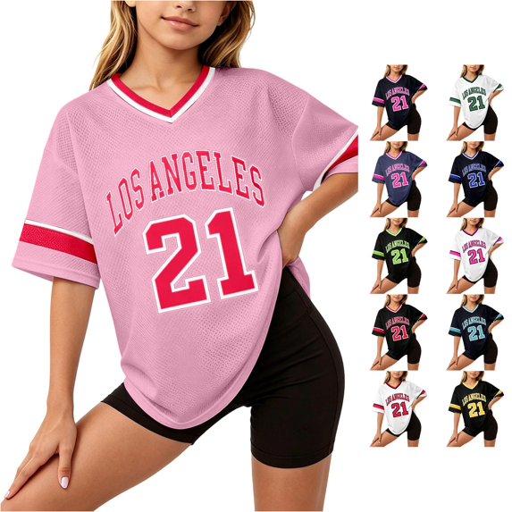WAYUTE Girls Shirts Letter Printed V Neck Short Sleeve Breathable Soft Sporty Top for Casual Stylish Workout Tee Shirt,Pink,Size 3 Y-4 Y