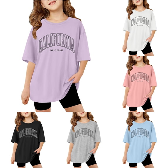 WAYUTE Girls Shirts Oversized Short Sleeve Crewneck Letter Printed T Shirts Tops for Kids School Loose Soft Basic Tees Casual Outdoor Tshirt,Light Purple