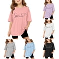 thumbnail image 1 of WAYUTE Girls Shirts Oversized Short Sleeve Letter Printed Crewneck T Shirts for Kids School Fashion Summer Tops Basic Tees Outdoor Casual Tshirts,Pink, 1 of 6