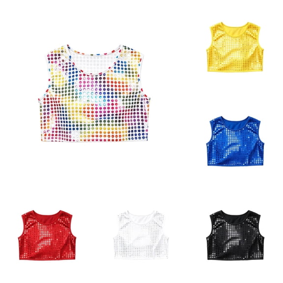 WAYUTE Girls Shirts Rainbow Sequin Sleeveless Cropped Top Sparkly Dance Tank Top for Kids Party Stage Performance Outdoor Casual,Multicolour