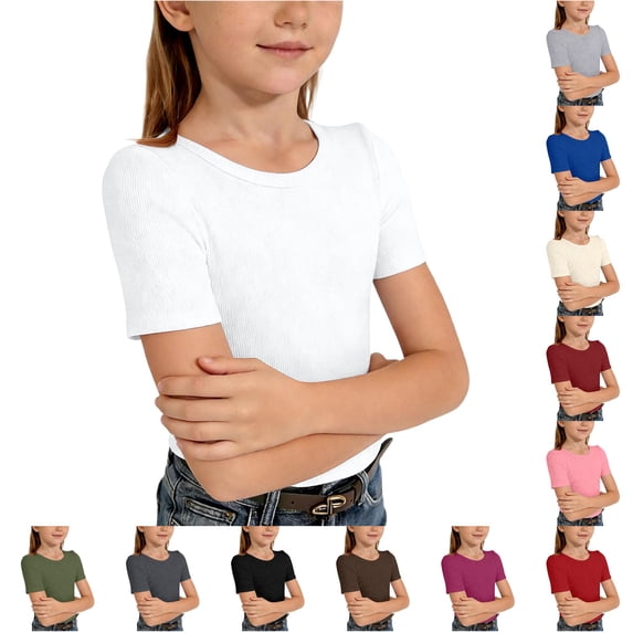 WAYUTE Girls Shirts Ribbed Knit Short Sleeve Crewneck Tee Soft Slim Fit Solid Color Basic Top for Toddler Kids Casual Summer,White,Size 8 Y-9 Y