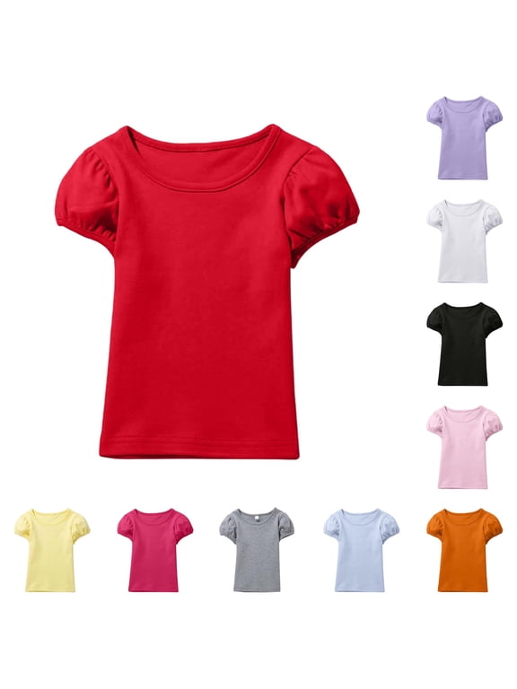 Girls Shirts Round Neck Puffy Sleeve Soft Solid Color Cute Top Comfortable Tee for Toddler Kids Trendy Daily Wear Outdoor Casual T Shirt,Red