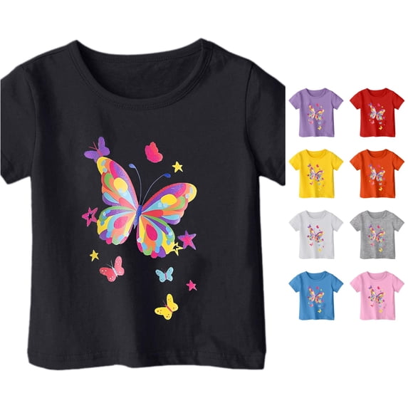 WAYUTE Girls Shirts Round Neck Short Sleeve Butterflies Graphic Tees Shirt for Toddler Kids Versatile Trendy Summer Casual Outdoor T Shirt,Black