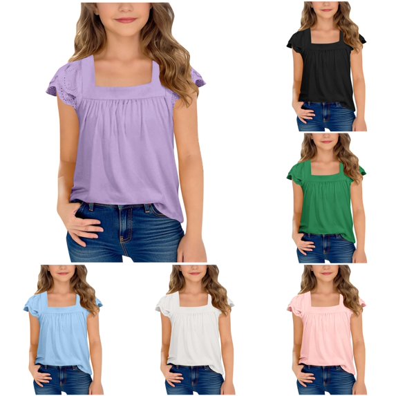WAYUTE Girls Shirts Ruched Lace Ruffle Square Neck Flutter Sleeve Design Casual Summer Top Solid Color Tee for Big Kids,Purple,Size 7 Y-8 Y
