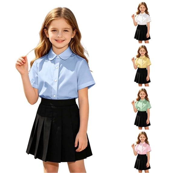 WAYUTE Girls Shirts Short Sleeve Lapel Button front School Uniform Shirt for Kids Solid Color Versatile formal Tee Top,Sky Blue,Size 6 Y-7 Y