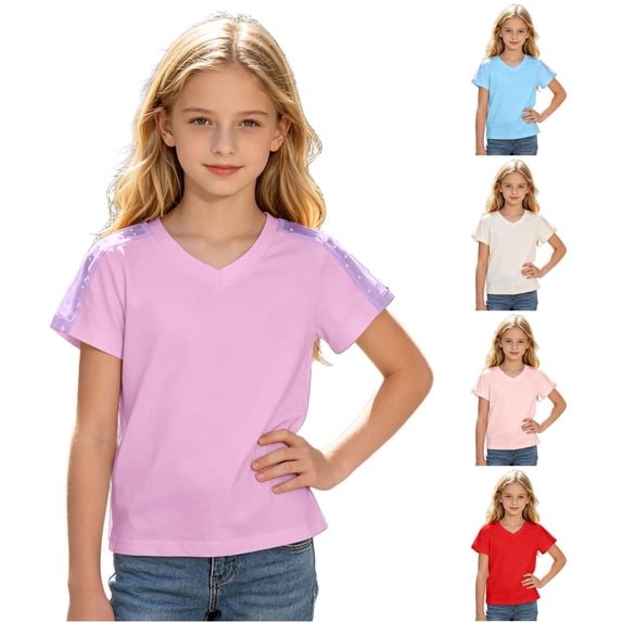 WAYUTE Girls Shirts Solid Color V Neck Short Sleeve Chiffon Blouse Breathable Summer Top for Casual Loose Fit Daily Wear,Purple,Size 9 Y-10 Y