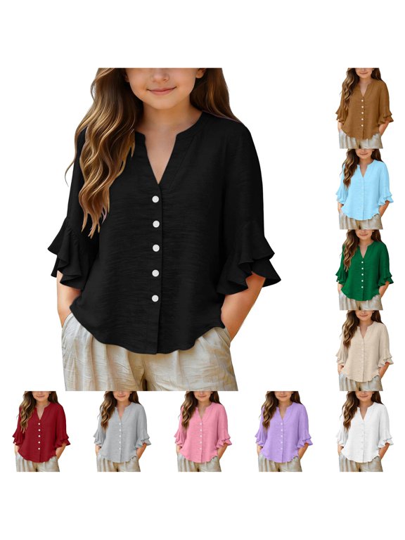 Girls Shirts Summer Split V Neck Blouse 3/4 Sleeve Ruffle Solid Color Casual Top Tee Shirts for Toddler Youth,Black,Size 3 Y-4 Y