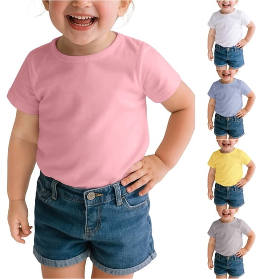 WAYUTE Girls Shirts Toddler Baby Kids Casual Short Sleeve Solid Color Summer Top for Lightweight Crew Neck Basic Tee Shirt,Pink,Size 3 Y-4 Y
