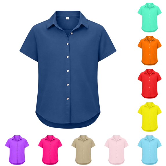 WAYUTE Girls Shirts Toddler Kids Short Sleeve Lapel Button Down Solid Color Tee Shirt for Casual Summer Outdoor Daily Wear,Dark Blue,Size 9 Y-10 Y