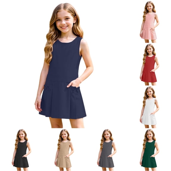 WAYUTE Girls Sleeveless School Shirt Dress Pleated Skirt Bow Decor Solid Color Dress with Pockets for Kids School Uniform Casual Holiday,Blue,Size 3-4 Y