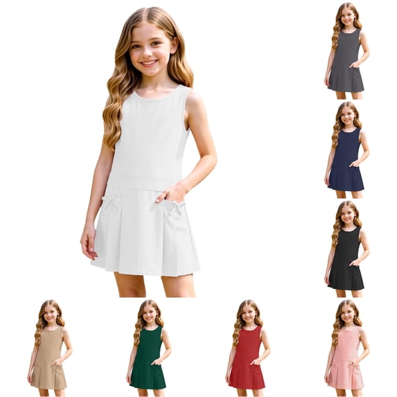 WAYUTE Girls Sleeveless School Shirt Dress Pleated Skirt Bow Decor Solid Color Dress with Pockets for Kids School Uniform Casual Holiday,White,Size 3-4 Y