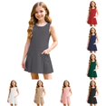 thumbnail image 1 of WAYUTE Girls Sleeveless School Shirt Dress Pleated Skirt Bow Decor Solid Color Dress with Pockets for Kids School Uniform Casual Outdoor,Grey,Size 9-10 Y, 1 of 6