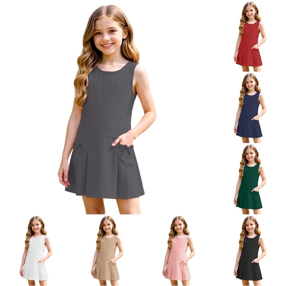 WAYUTE Girls Sleeveless School Shirt Dress Pleated Skirt Bow Decor Solid Color Dress with Pockets for Kids School Uniform Casual Outdoor,Grey,Size 9-10 Y