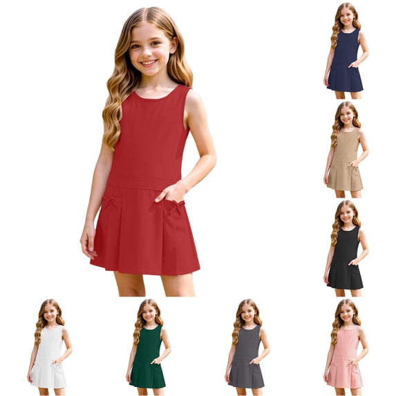 WAYUTE Girls Sleeveless School Shirt Dress Pleated Skirt Bow Decor Solid Color Dress with Pockets for Kids School Uniform Casual Outdoor,Red,Size 5-6 Y