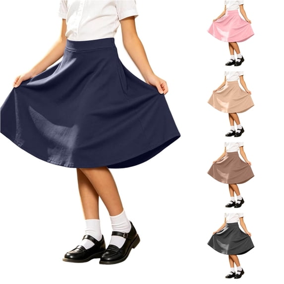 WAYUTE Girls Summer Skirts High Waist Flared Swing Flowy Classic School Uniform Mid Length A Line Skirt Casual Daily,Navy,11-12 Y