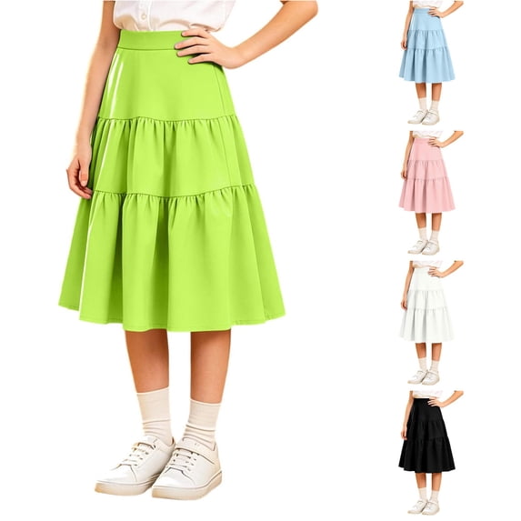 WAYUTE Girls Summer Skirts High Waist Flowy Solid Color Ruffle Mid Length Skirt for Kids Back to School Casual Outdoor,Green,11-12 Y