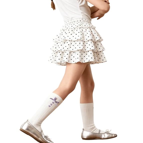WAYUTE Girls Summer Skirts Polka Dot Tiered Cake Skirt Elastic Waist Ruffle Layered Cute A Line Skirt Casual Daily,White,5-6 Y