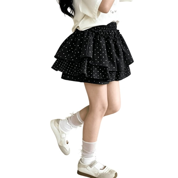 WAYUTE Girls Summer Skirts Polka Dot Tiered Cake Skirt Elastic Waist Ruffle Layered Cute A Line Skirt Casual Outdoor,Black,13-14 Y