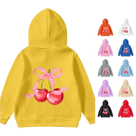 WAYUTE Girls Sweatshirt Cherry Bow Print Long Sleeve Graphic Hoodies Loose Fit Cute Pullover for Kids Casual Dailywear,Yellow,Size 9-10 Y