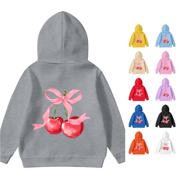 WAYUTE Girls Sweatshirt Cherry Bow Print Long Sleeve Graphic Hoodies Loose Fit Cute Pullover for Kids Casual Streetwear,Gray,Size 3-4 Y