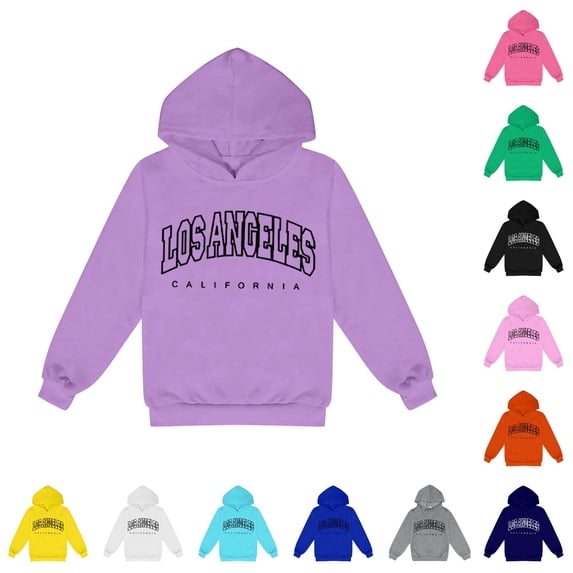 WAYUTE Girls Sweatshirt Child City Letter Printed Long Sleeve Graphic Hoodies Loose Comfort Fashion Fall Winter Casual Streetwear,Purple,Size 140