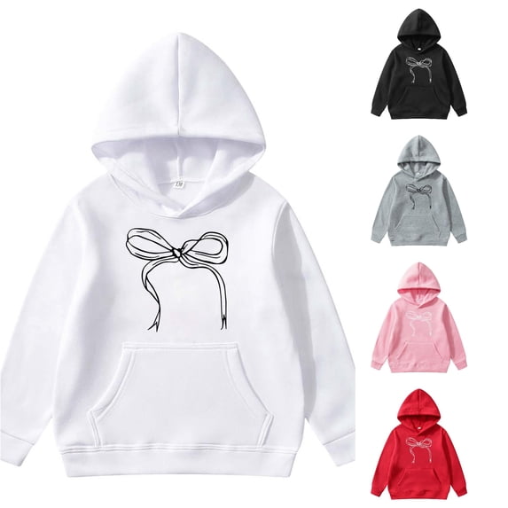 WAYUTE Girls Sweatshirt Child Oversized Bow Tie Printed Long Sleeve Graphic Hoodies with Front Pocket Fall Outfits Casual Holiday,White,Size 8-10 Y