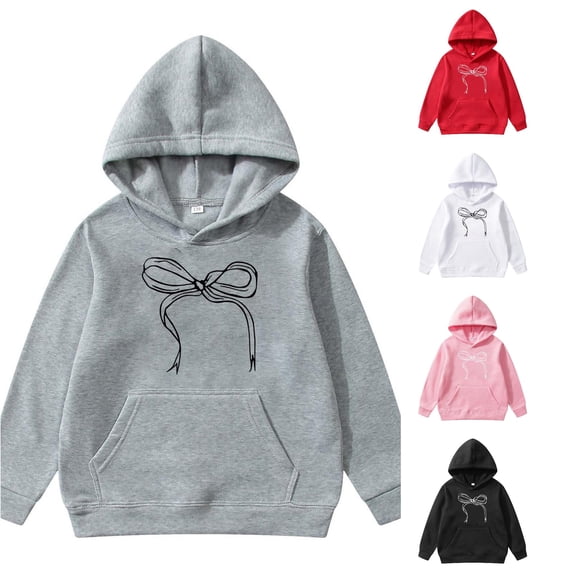 WAYUTE Girls Sweatshirt Child Oversized Bow Tie Printed Long Sleeve Graphic Hoodies with Front Pocket Fall Outfits Casual Outdoor,Gray,Size 3-4 Y