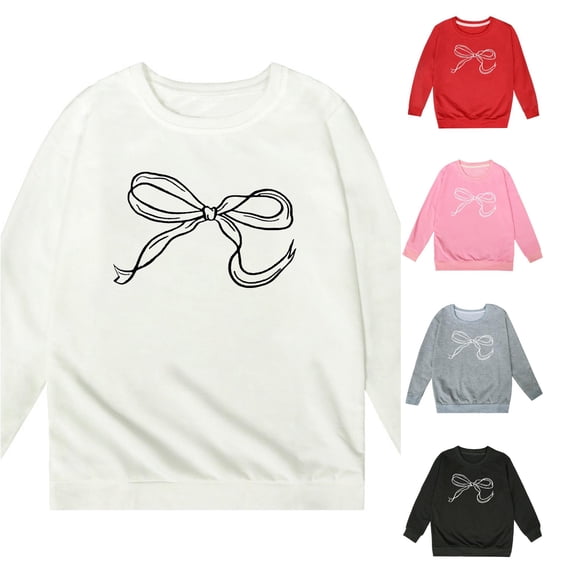 WAYUTE Girls Sweatshirt Children Bow Print Long Sleeve Crewneck Sweatshirt for Toddler Girl Fall Clothes Fashion Casual Dailywear,White,Size 9-10 Y