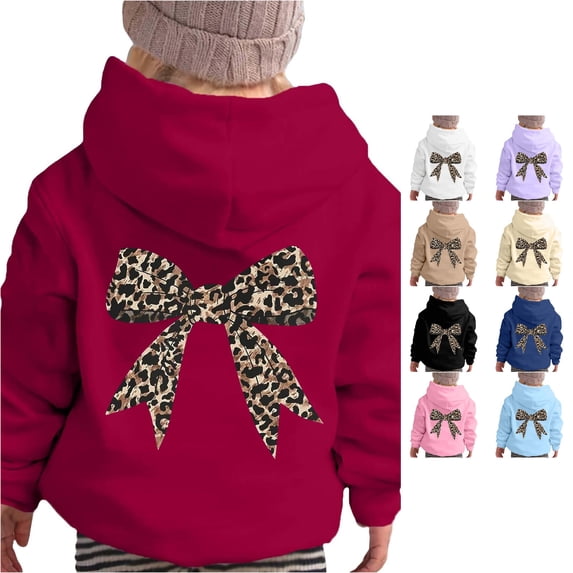 WAYUTE Girls Sweatshirt Children Graphic Hoodies Long Sleeve Leopard Bow Print Cozy Soft Sweatshirt Kids Fall Outfits Casual Dailywear,Red,Size 12-13 Y