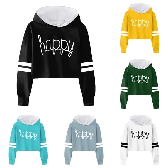 WAYUTE Girls Sweatshirt Children Letter Graphic Hoodies Stripe Long Sleeve Cropped Sweatshirt for Big Kids Fall Fashion Casual Holiday,Black,Size 6-7 Y