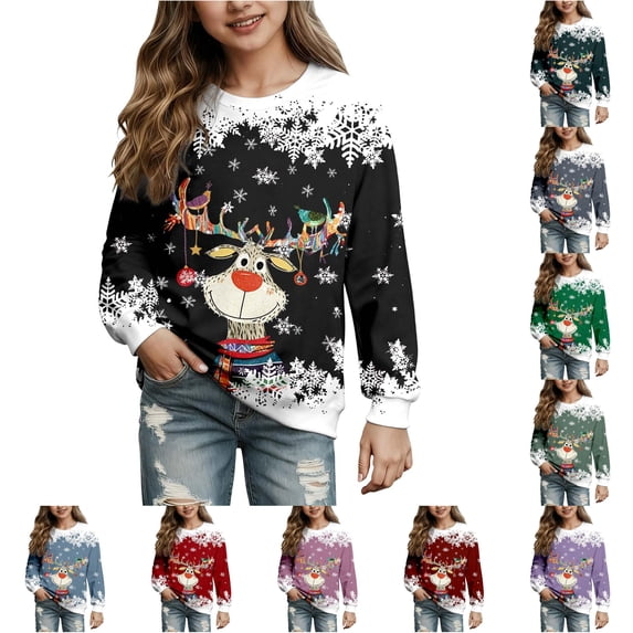 WAYUTE Girls Sweatshirt Christmas Cartoon Print Crewneck Sweatshirt Long Sleeve Base Pullover for Kids Fall Outfits Casual Dailywear,Black,Size 3-4 Y