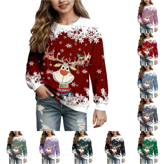 WAYUTE Girls Sweatshirt Christmas Cartoon Print Crewneck Sweatshirt Long Sleeve Base Pullover for Kids Fall Outfits Casual Dailywear,Red,Size 2-3 Y