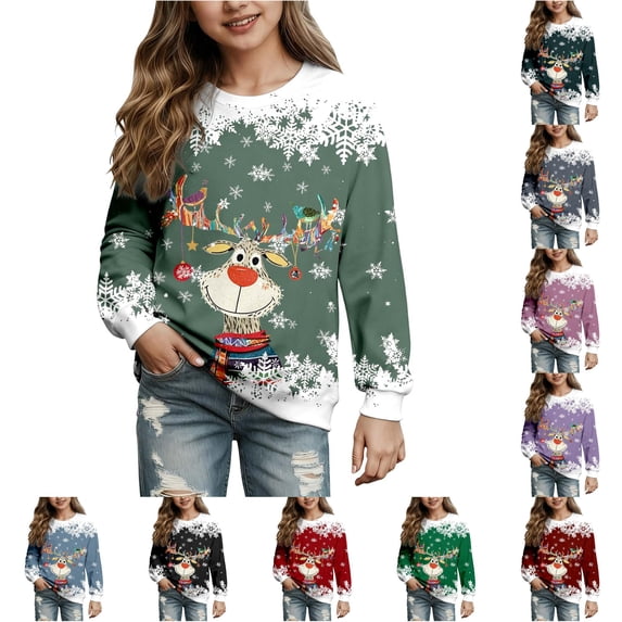WAYUTE Girls Sweatshirt Christmas Cartoon Print Crewneck Sweatshirt Long Sleeve Base Pullover for Kids Fall Outfits Casual Holiday,Green,Size 4-5 Y