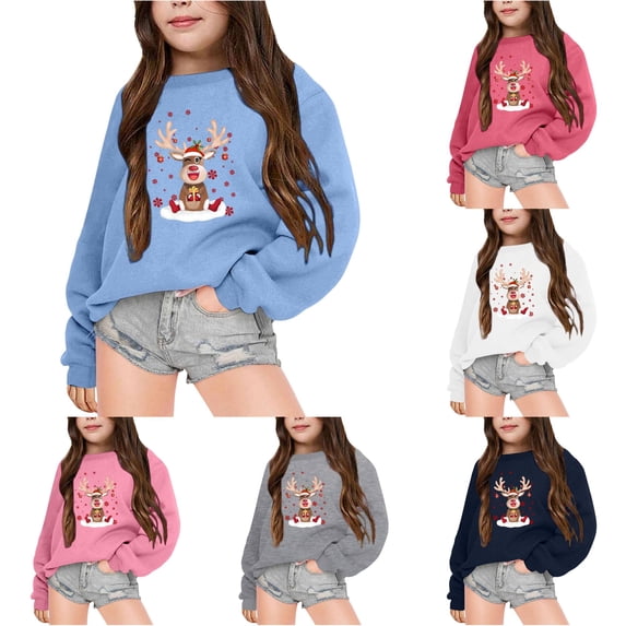 WAYUTE Girls Sweatshirt Christmas Fall Winter Theme Graphic Soft Lined Long Sleeved Crewneck Sweatshirt for Kids Casual Holiday,Blue,Size 5-6 Y