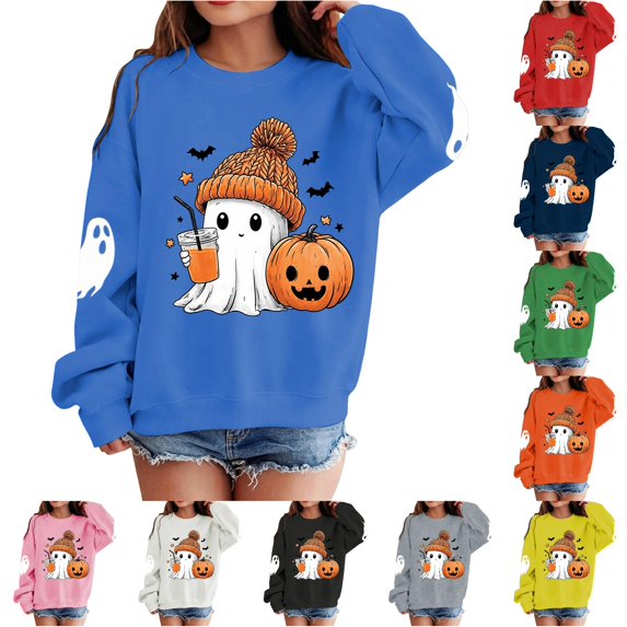 WAYUTE Girls Sweatshirt Halloween Oversized Cartoon Ghost Print Crewneck Sweatshirt for Kids Long Sleeve Soft Lined Fall Casual Holiday,Blue,Size 1-2 Y