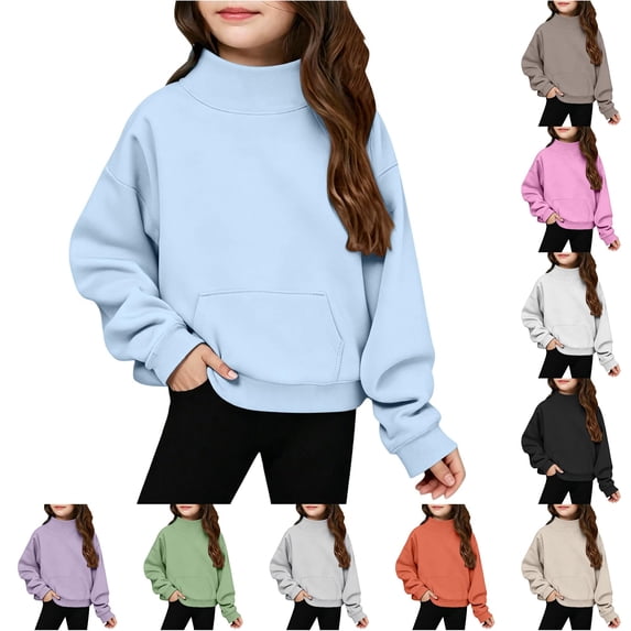 WAYUTE Girls Sweatshirt Neck Solid Color Loose Fit Long Sleeve Pullover for Big Kids Fall Outfits Versatile Casual Dailywear,Blue,Size 7-8 Y