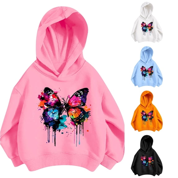 WAYUTE Girls Sweatshirt Oversized Colorful Butterfly Graphic Hoodies Rib Hemline Soft Loose Long Sleeve Fall Outfits Casual Dailywear,Pink,Size 4-5 Y