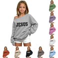 thumbnail image 1 of WAYUTE Girls Sweatshirt Oversized Crewneck Sweatshirt Off the Shoulder Letter Print Long Sleeve Fall Outfits for Kids Casual Holiday,Gray,Size 3-4 Y, 1 of 4