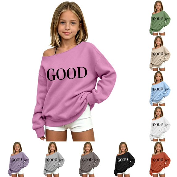 WAYUTE Girls Sweatshirt Off the Shoulder Letter Print Oversized Crewneck Sweatshirt Long Sleeve Fall Outfits for Youth Kids Casual Streetwear,Pink,Size 13-14 Y