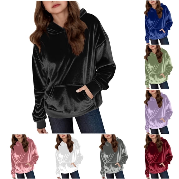 WAYUTE Girls Sweatshirt Soft Lined Satin Long Sleeve Solid Color Warm Sweatshirts & Hoodies for Girls Fall Winter Casual Outdoor,Black,Size 12-13 Y
