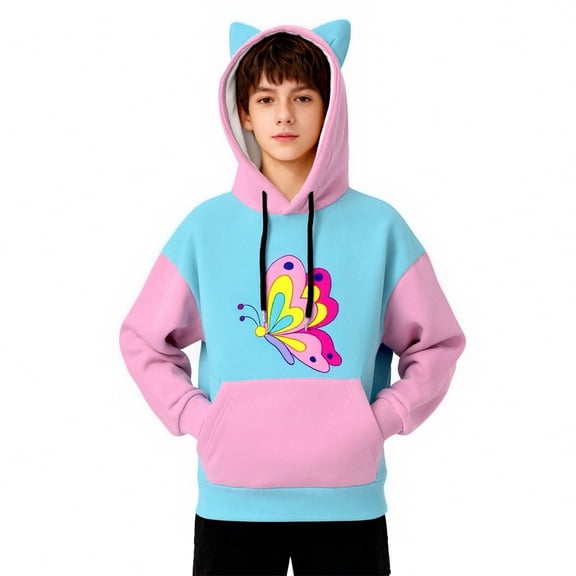 WAYUTE Girls Sweatshirts Cat Ear Design Boys Pullover Hoodie Sweatshirt Cozy Casual Playful Printed Kids Top for Daily Outdoor Activities