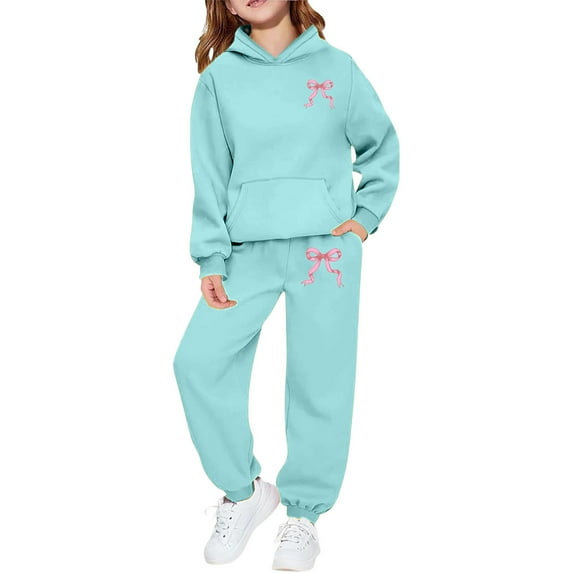 WAYUTE Girls Sweatsuit Casual Bow Print Hoodie Sweatshirts and Pants Comfort Loose Sports Athletic Sweat Suit for Toddler and Kids Joggers Fashion Streetwear