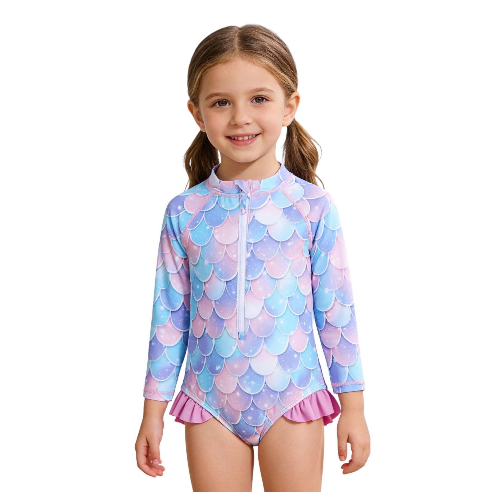 WAYUTE Girls Swimsuit Floral Print Front Zipper Ruffle Long Sleeve One ...