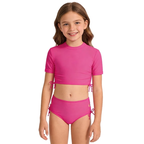 WAYUTE Girls Swimsuit Kids 2 Piece Swimwear High Waisted Solid Color Tankini Top and Bottom Swimming Water Activities